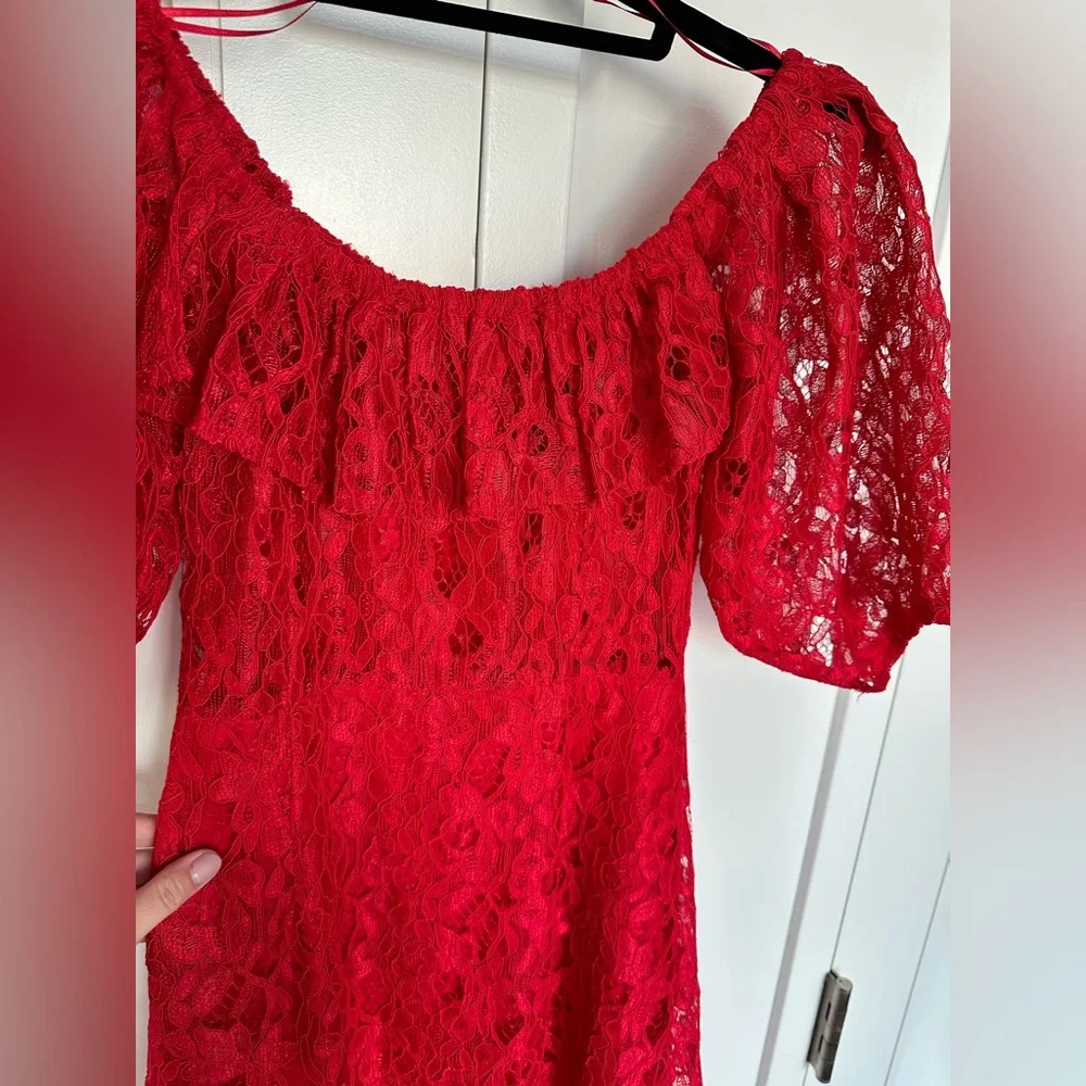 Zara Red Lace Midi Dress Button Down Size M Off-shoulder A Line Dress - Picture 14 of 15